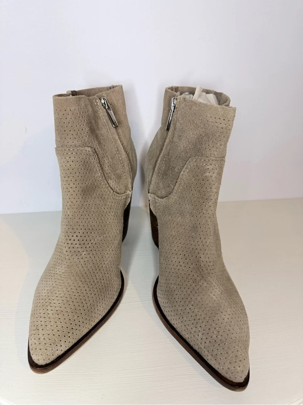 Vince Camuto Taupe Perforated Suede Pointed Toe Ankle Booties Size 9.5